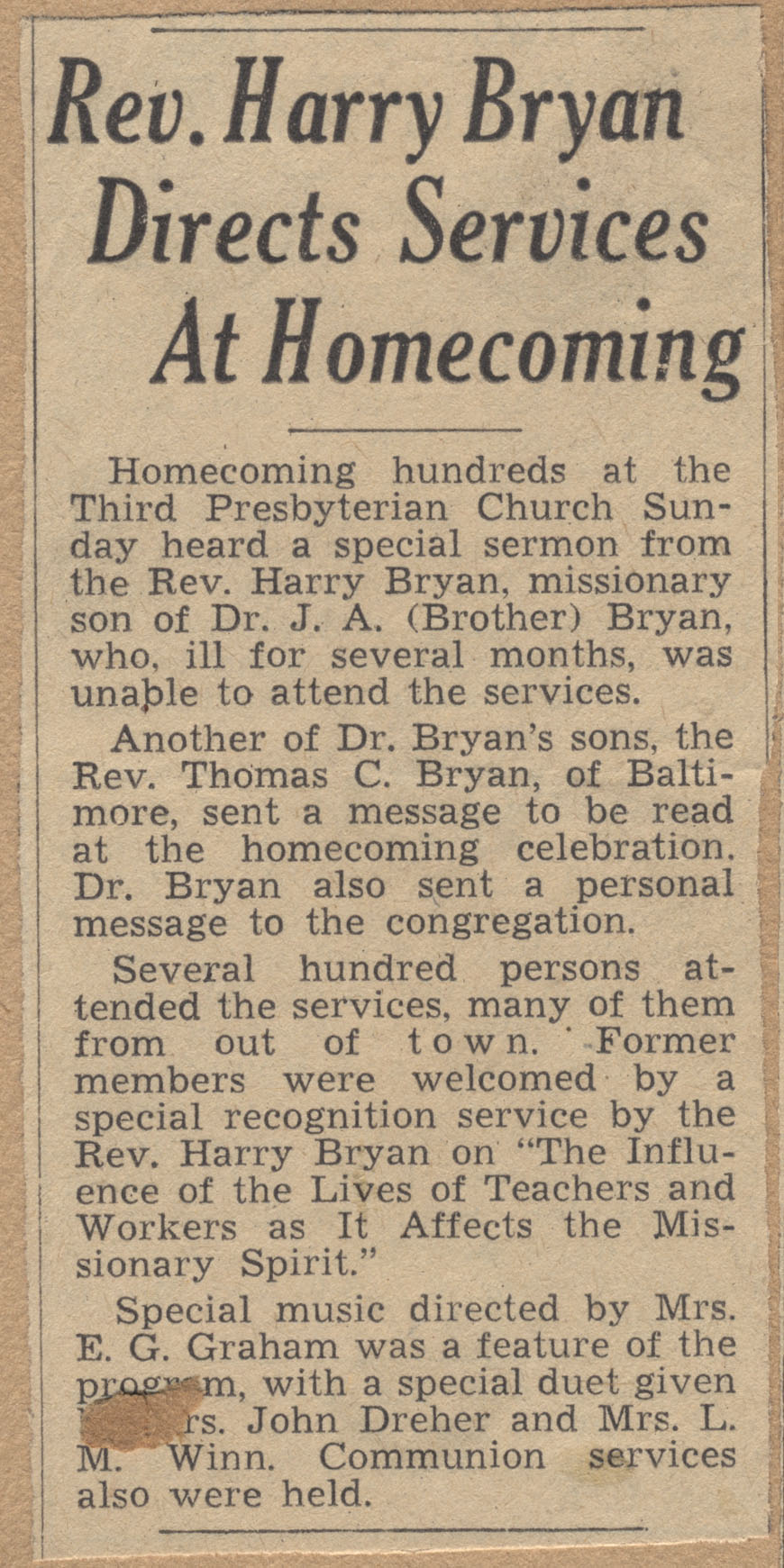 Rev. Harry Bryan Directs Services At Homecoming